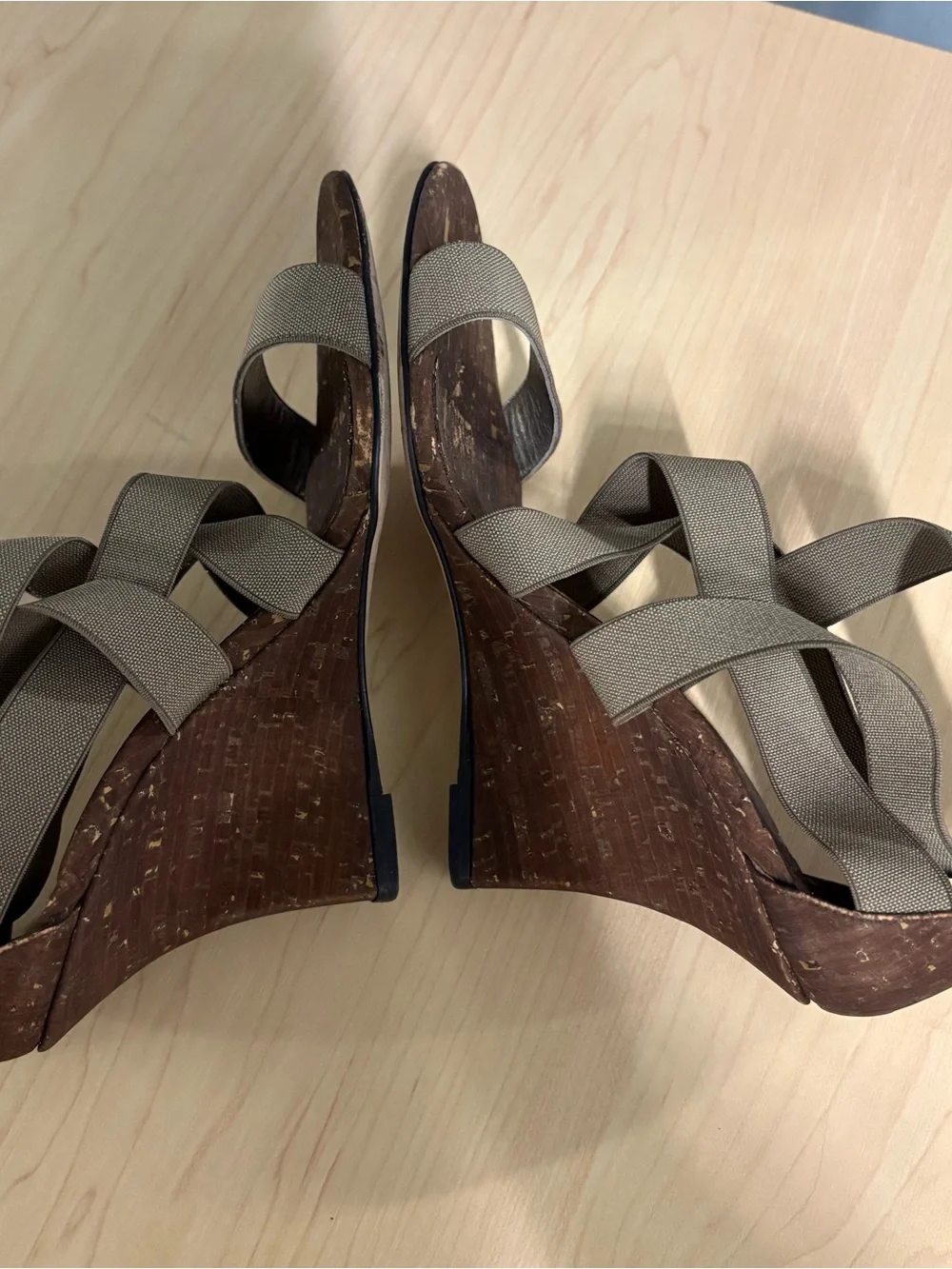 Manolo Blahnik Taupe Elastic Strappy Cork Wedge Heels